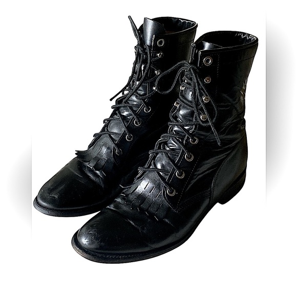 JUSTIN Kiltie Western Boots Lace Up Stetson Black Leather Size 7.5 B Vintage - Picture 3 of 14